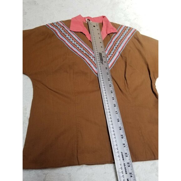 Festival Fashions Womens Collared Top Long Sleeves Side Zipper V-Neck Lace Brown - Picture 6 of 6